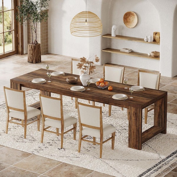 Rustic Brown Rectangular Wood 86. 61in. 4 Legs Dining Table Seats 6-8, Farmhouse Narrow Kitchen Table with Pedestal Base