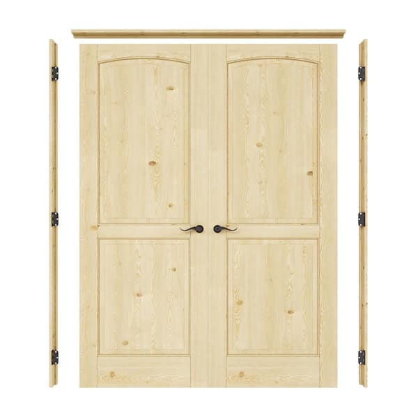 60 in. x 80 in. 2-Panel Universal Solid Core Unfinished Pine Wood Double Prehung Interior Door with Quick Assemble Jamb