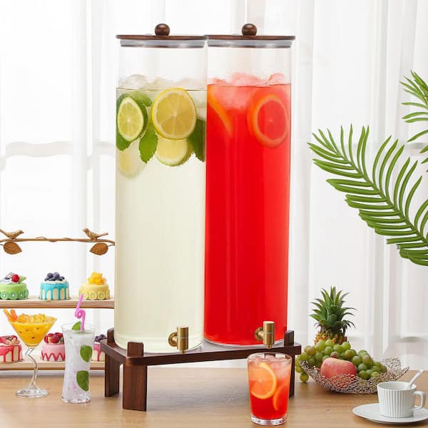 2-Pack 5-gal. Clear Glass Beverage Dispenser with Acacia Wood Stand, Lid and Stainless Steel Spigot