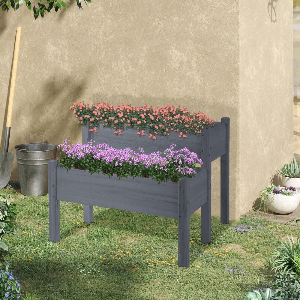 Ascend 34" Gray 2-Tier Wooden Raised Garden Bed for Outdoor Spaces