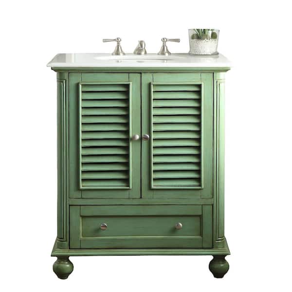 Benton Collection Keysville 30 in. W x 22 in D. x 36 in. H White marble Top in Green with White Under mount porcelain Sink Vanity