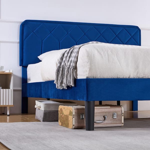 Bed Frame with Upholstered Headboard, Blue Metal Frame Full Platform Bed with Strong Frame and Wooden Slats Support