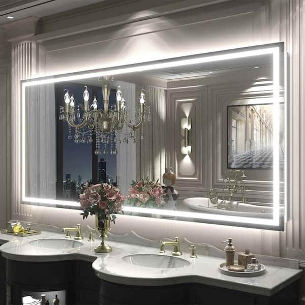 Apmir 72 in. W x 32 in. H Rectangular Frameless Front & Back LED Lighted Anti-Fog Tempered Glass Wall Bathroom Vanity Mirror