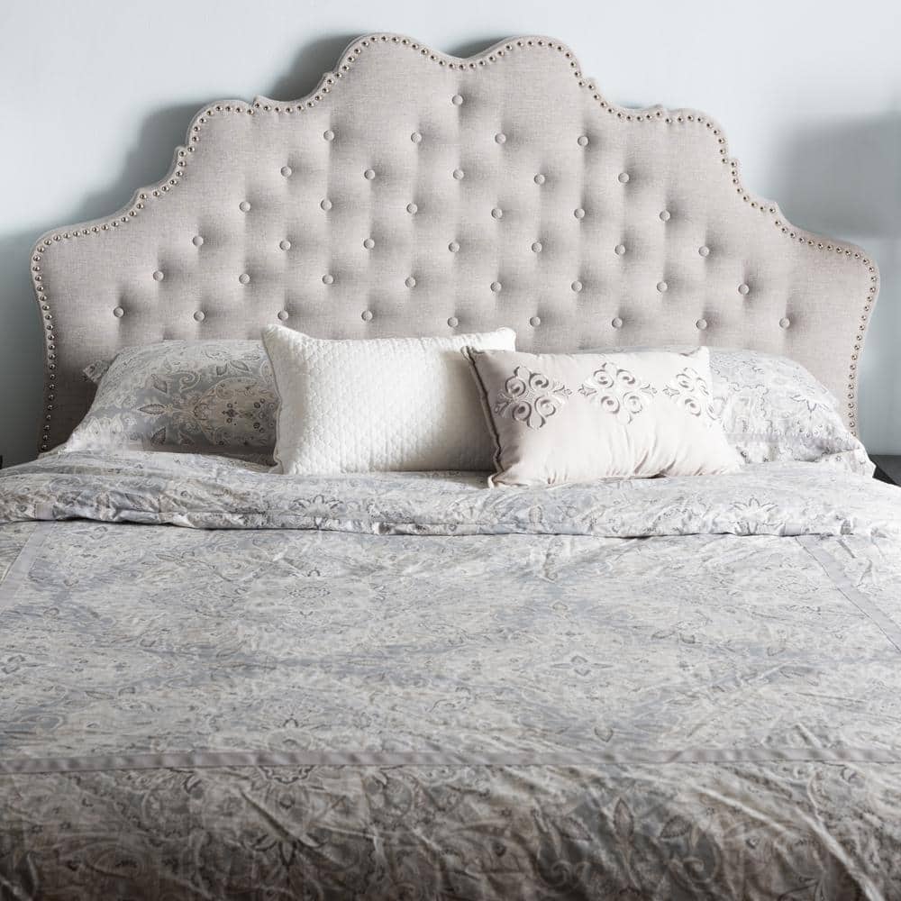 Greyish Beige Tufted Upholstered Queen Headboard with Nailhead Trim
