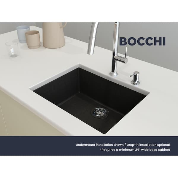 Campino Uno Metallic Black Granite Composite 24 in. Single Bowl Drop-In/Undermount Kitchen Sink with Strainer