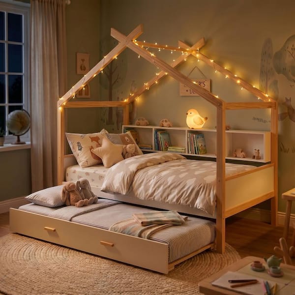 White Full Size Wood House Bed with Twin Size Trundle and Storage Bookshelf