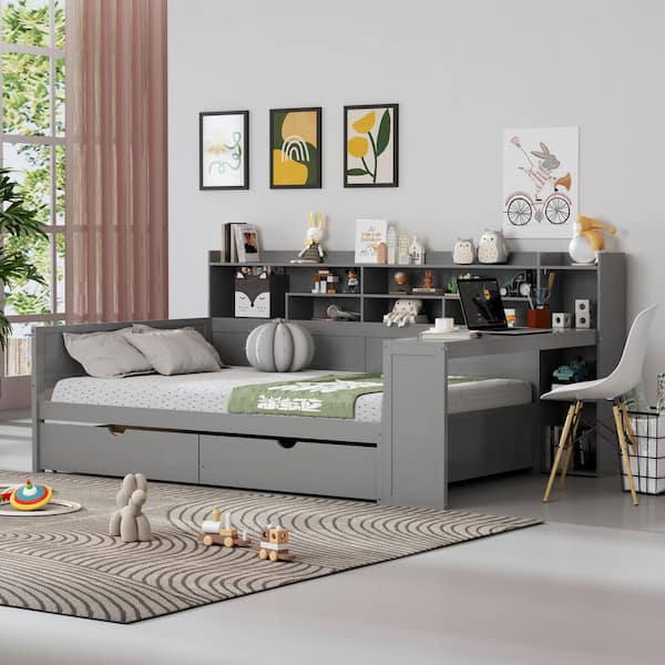 Gray Full Daybed with Storage Shelves, 2 Storage Drawers and Study Des