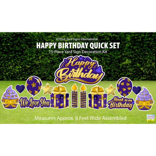JOYFUL Yard Signs Purple and Gold Happy Birthday Quick Set