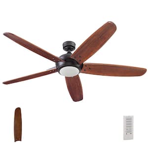 Loano, 62 in. Indoor Ceiling Fan with Integrated LED Light, Hand Carved Wood Blades, Remote Control - Bronze