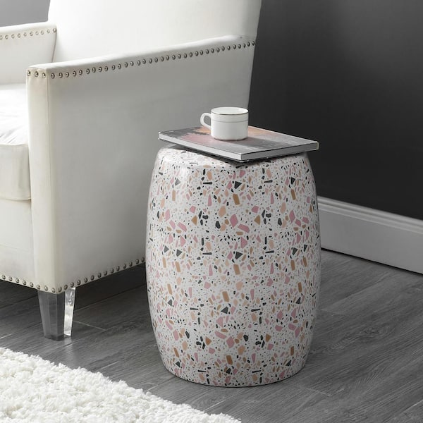 Chiara 17.5 in. Terrazzo Ceramic Garden Stool, White/Pink