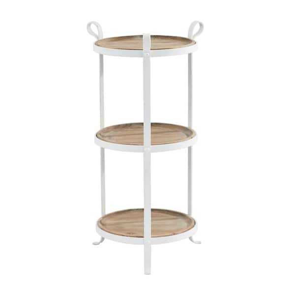 Litton Lane 14 in. White Large Round Wood End Accent Table with Brown Wood Tabletops