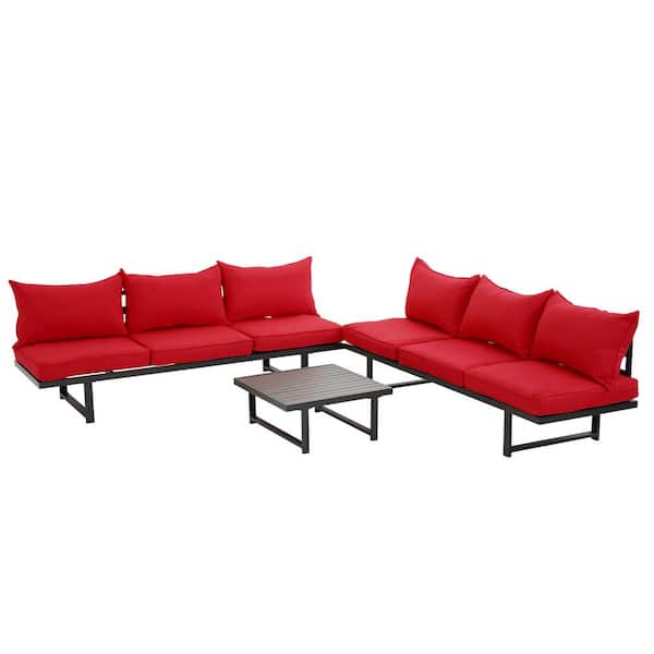 Unbranded 3-Piece Metal Outdoor Sectional Set with Red Cushions and Coffee Table Home Depot Outdoor Conversation Sets