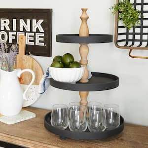Black Wood Decorative Tiered Server with Wood Post