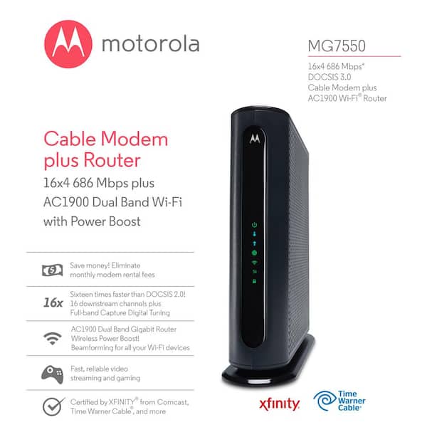 MOTOROLA in. x 4 in. Cable Modem Plus AC1900 Dual Band Wi-Fi with Power Boost MG7550-10 - The Home Depot