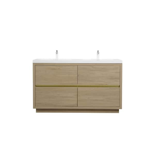 GDFSTUDIO Velta 59 in. Double Sinks Modern Freestanding Natural Oak Bath Vanity with White Resin Top, Cabinet, Drawers