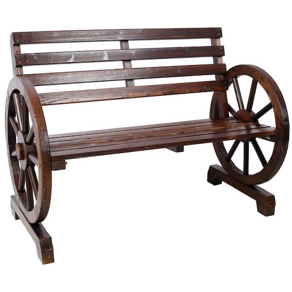 2-Person Wood Wagon Wheel Bench for Backyard, Patio, Porch, Garden, Lounge Furniture with Slatted Seat and Backrest
