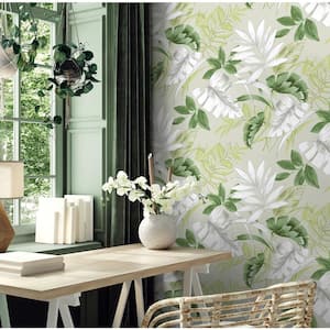 Tropical Leaves Green and White and Beige Vinyl Peel and Stick Wallpaper Roll (Cover 30.75 sq. ft.)