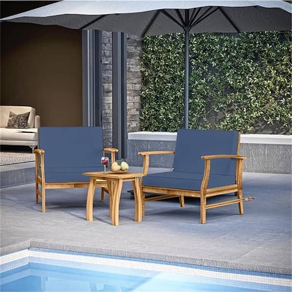 Unbranded 3 -Pieces Wood Patio Conversation Set with Blue Cushion Luxurious Comfort
