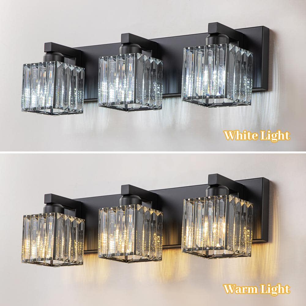 Black Metal 3-Light Vanity Fixture with Crystal Cube Shades