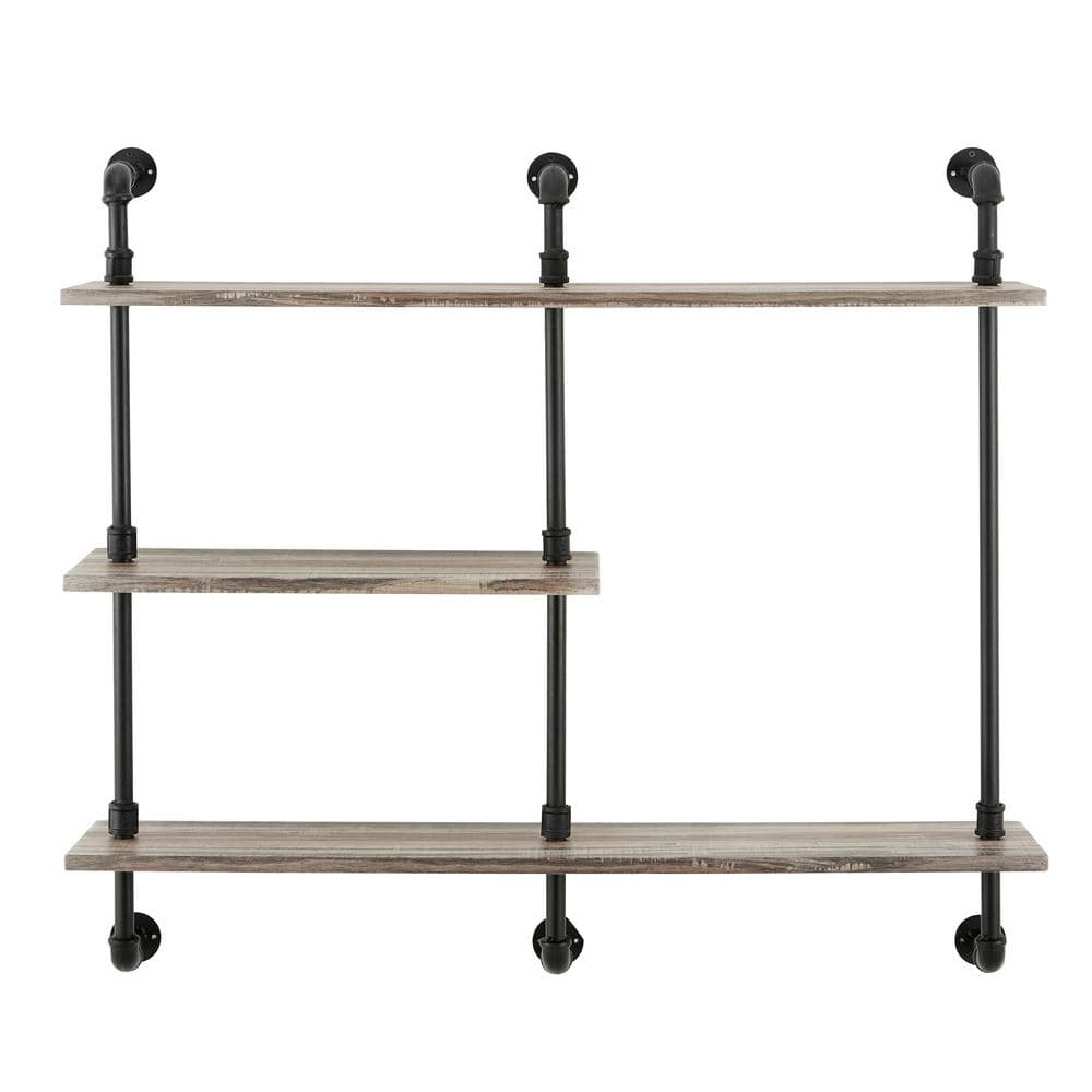 Aurora Rustic Black Iron and Wood 3-Tier Wall Shelf