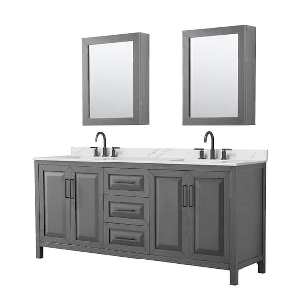 Wyndham Collection Daria 80 in. W x 22 in. D x 35.75 in. H Double Bath Vanity in Dark Gray with Giotto Quartz Top and Mirrors