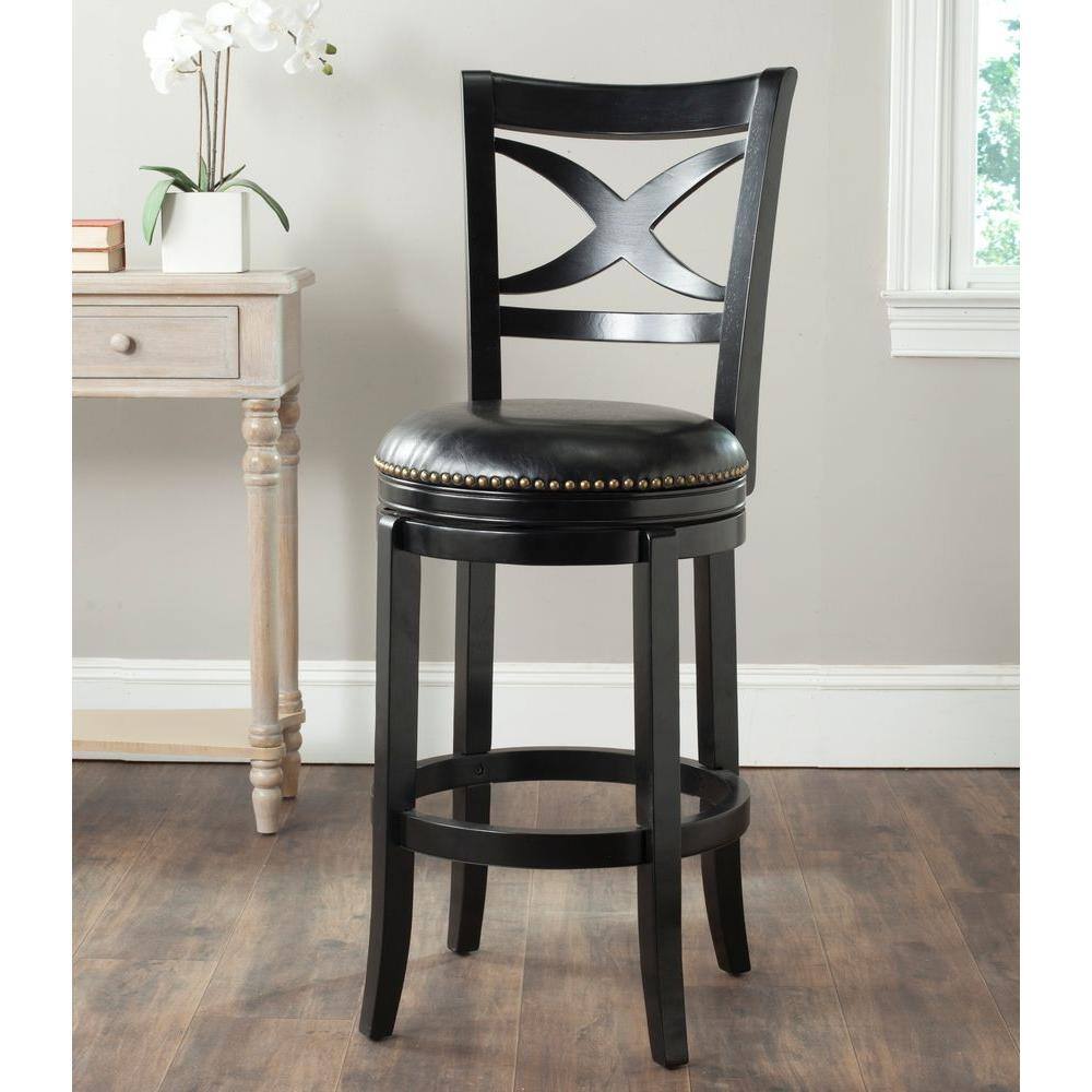 Black Leather and Wood Swivel Bar Stool with Nailhead Trim