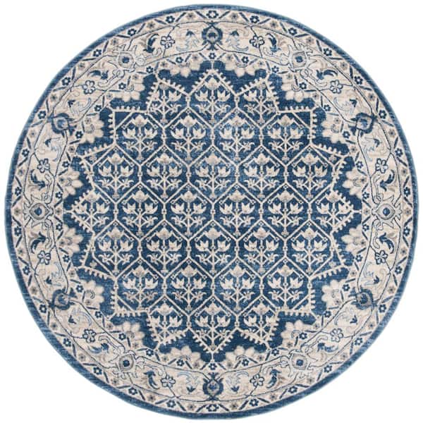 Brentwood Navy/Light Gray 5 ft. x 5 ft. Round Multi-Floral Geometric Border Area Rug