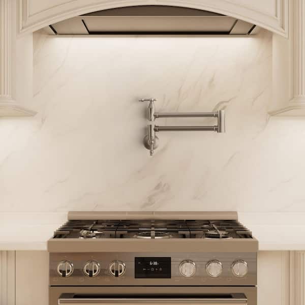 Wall Mount Retractable 360° Swivel Pot Filler Kitchen Faucet Dual Handle 1.8 GPM in Brushed Nickel