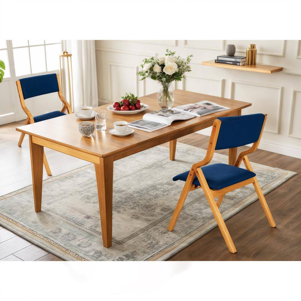 Modern Foldable Dining Chairs with Solid Wood Frame, (Set of 2), Blue