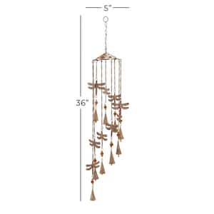 36 in. Brass Metal Dragonfly Indoor Outdoor Windchime with Glass Beads and Cone Bells
