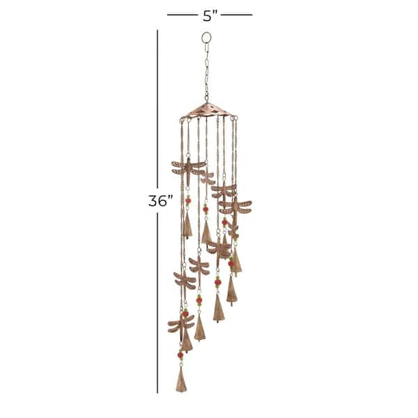 36 in. Brass Metal Dragonfly Indoor Outdoor Windchime with Glass Beads and Cone Bells