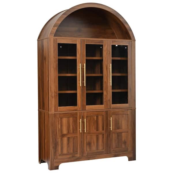 73in Walnut Brown Farmhouse Tall Arched Kitchen Storage Pantry Cabinet with Door Shelves