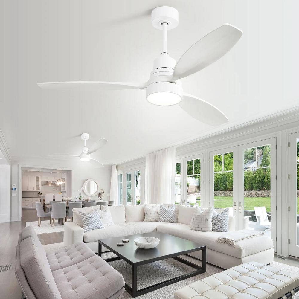 52" White Steel and Wood Ceiling Fan with LED Light and Remote