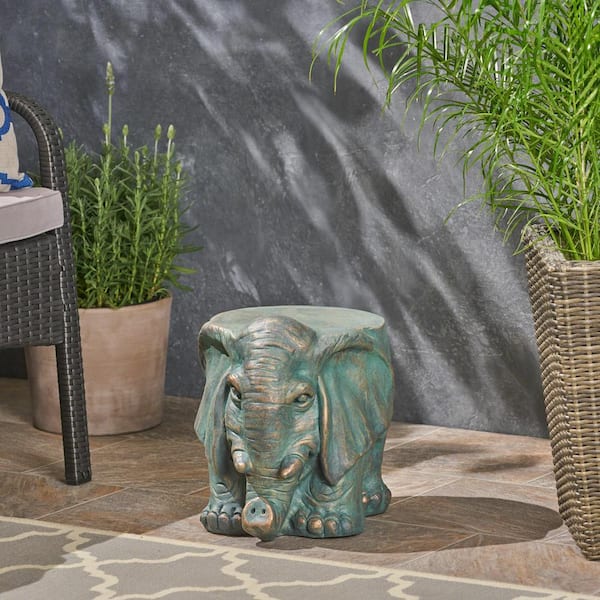Unbranded 1-Piece 12.5 in. H Stone Elephant Garden Stool, Copper Patina for Patio, Yard, Porch