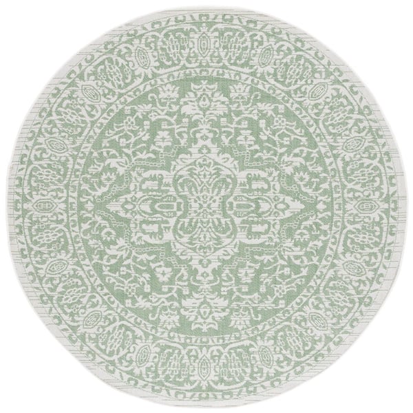 Bermuda Green/Ivory 7 ft. x 7 ft. Border Medallion Ornate Round Indoor/Outdoor Area Rug