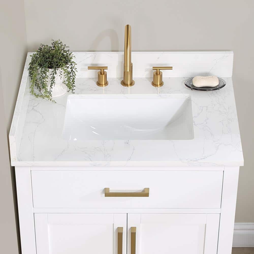 Gavino 30" White Solid Wood Bathroom Vanity with Gold Hardware