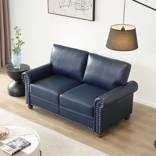 Torwyn French 59.45 in. Rolled Arm Nailheads Faux Leather Upholstered Loveseat 2-Seats Storage Sofa, Navy Blue