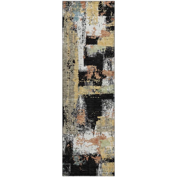 Mayfield Premium Machine Washable Abstract AMF2212 Black 2 ft. x 7 ft. Runner Rug