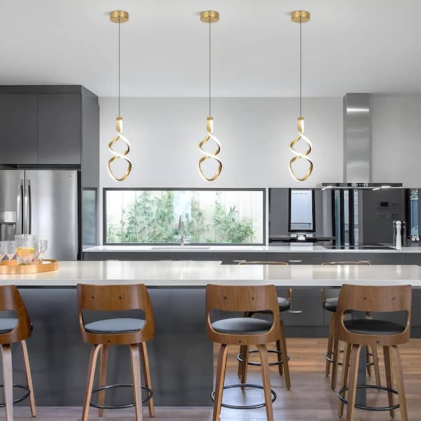 15 Watt 1-Light Gold Modern Integrated LED Pendant Light Fixture for Dining Room Kitchen Living Room