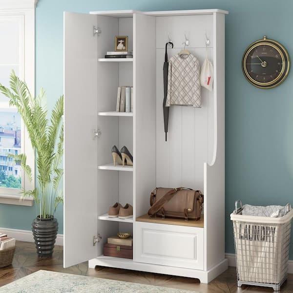 White Entryway Hall Tree with Flip-Up Bench and Storage Cabinet