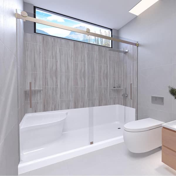 Driftwood-Tetherow 60 in. x 32 in. x 83 in. Base/Wall/Door Seated Base Alcove Shower Stall/Kit Brushed Nickel Right
