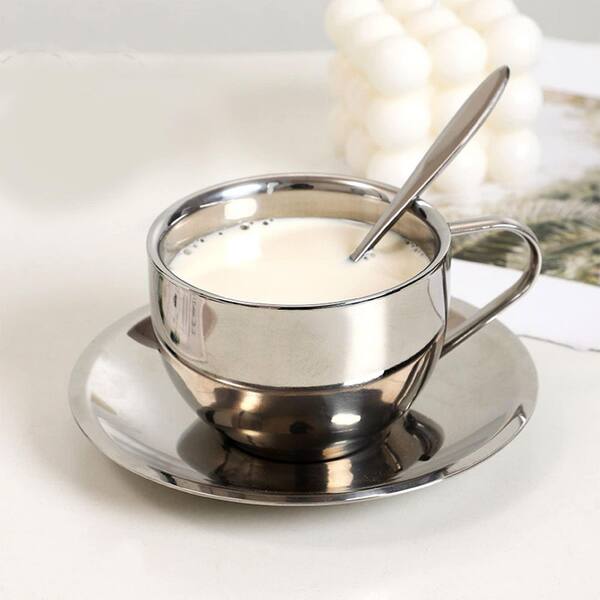 Wudkey 4-Pack Stainless Steel Coffee Cup Set, 6 oz. Coffee Mugs with Spoon and Saucer, Double Walled Espresso Cups Mugs