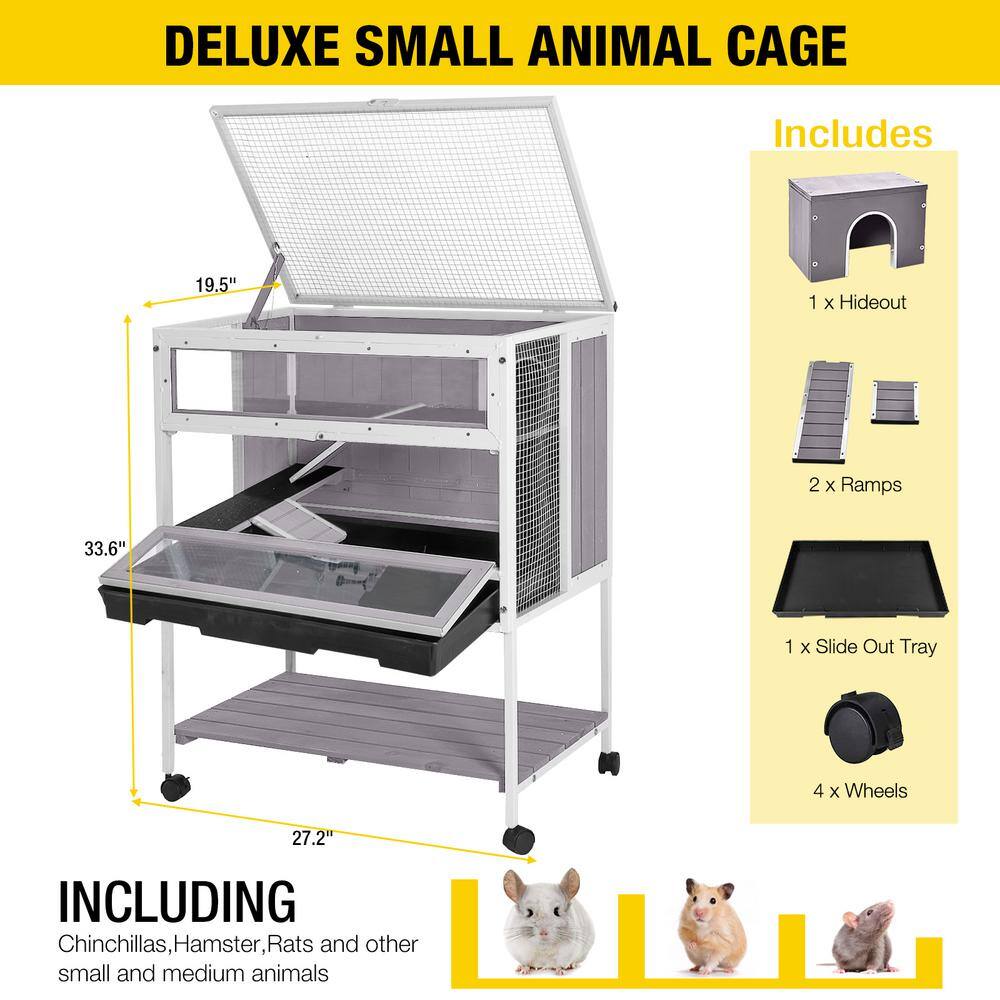 Light Gray Wooden Frame Hamster and Rat Cage with Wheels