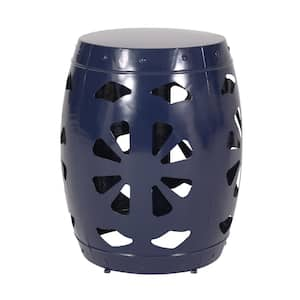 16.5 in. Drum Shape Hollowed Metal Outdoor Side Table in Navy Blue for Courtyard