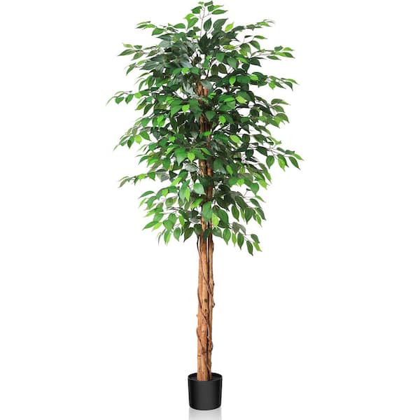 DR.Planzen 6 ft. Artificial Ficus Tree With Natural Wood Trunk in Pot, Fake Tropical Ficus Plants Indoor Decor