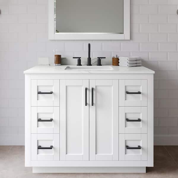 Wyndham Collection Miranda 42 in. W x 22 in. D x 33.75 in. H Single Bath Vanity in White with Giotto Quartz Top and 34 in. Mirror