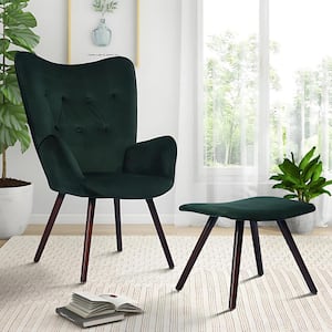 Kas Green Velvet Upholstered Tufted Armrest Wingback Arm Chair With Ottoman