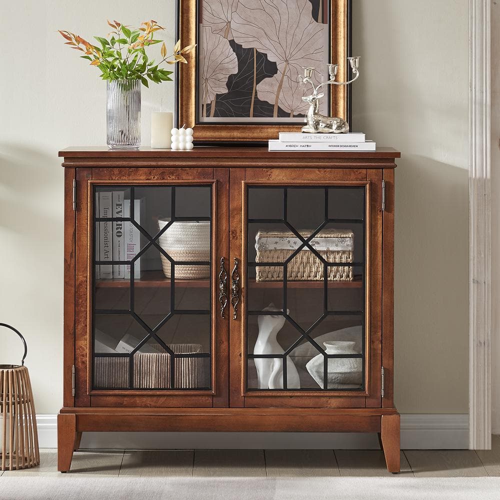 FARATI Antique Cherry Brown Wood 36 in. Sideboard Cabinet with Adjustable Shelves and Glass Doors Kitchen Storage Buffets CT201 CHERRY The Home