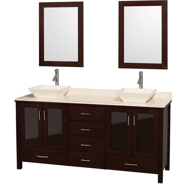 Wyndham Collection Lucy 72 in. Vanity in Espresso with Marble Vanity Top in Ivory with Bone Porcelain Sinks and Mirrors