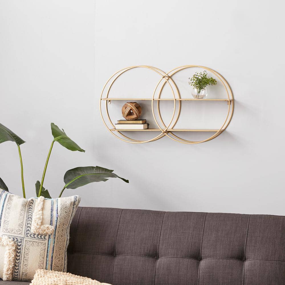 Elegant Rustic 30" Gold & Brown Iron 2-Tier Floating Wall Shelf